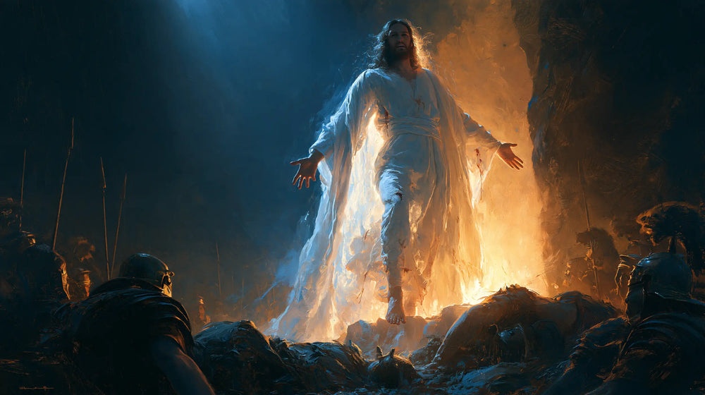 Resurrection of Jesus Christ in Midnight-blue Chiaroscuro style, landscape Christian artwork no. 20