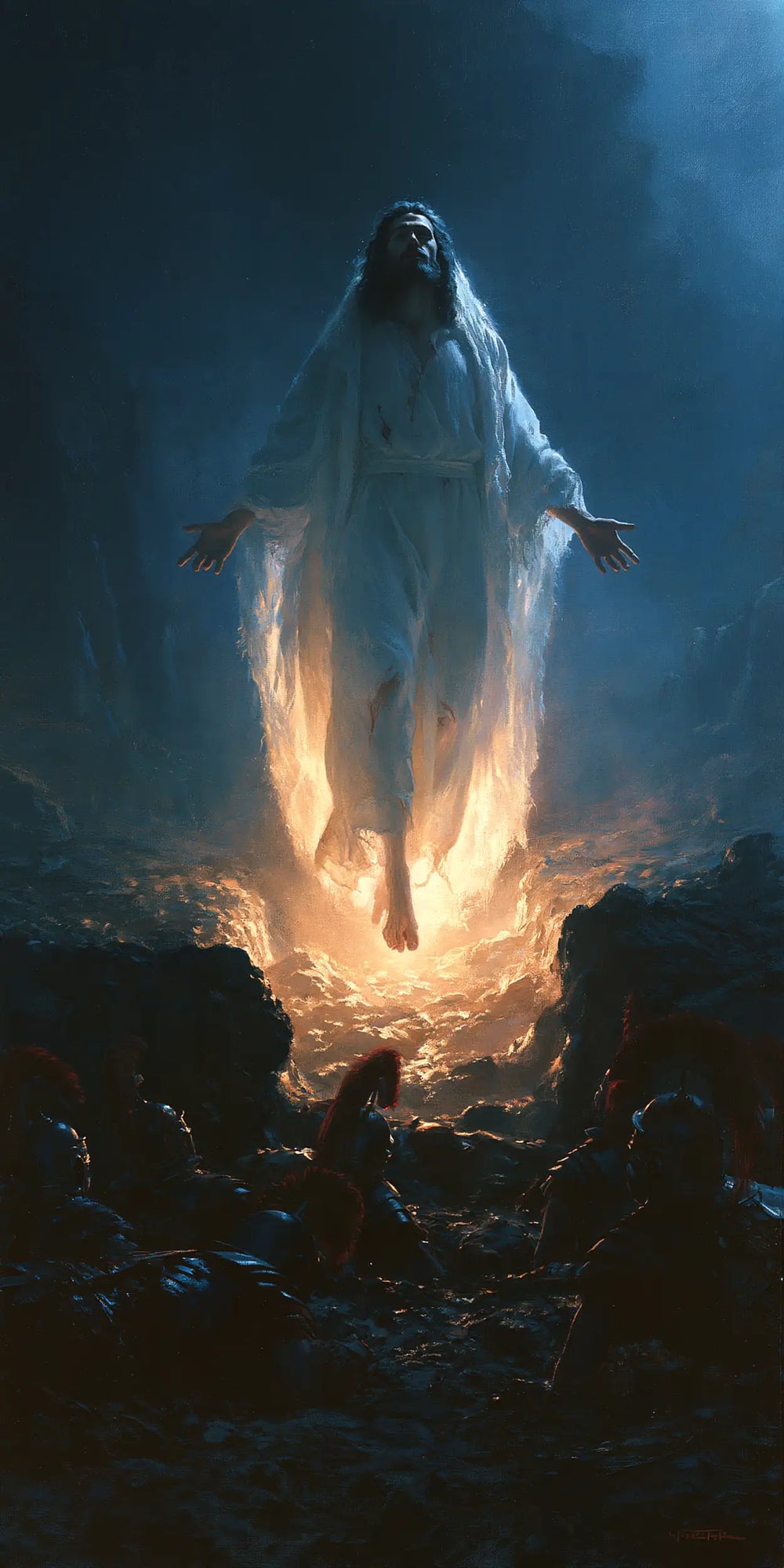 Resurrection of Jesus Christ in Midnight-blue Chiaroscuro style, portrait Christian artwork no. 3
