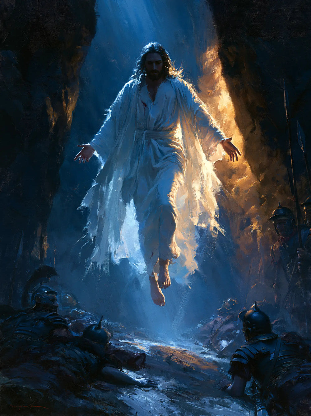 Resurrection of Jesus Christ in Midnight-blue Chiaroscuro style, portrait Christian artwork no. 17