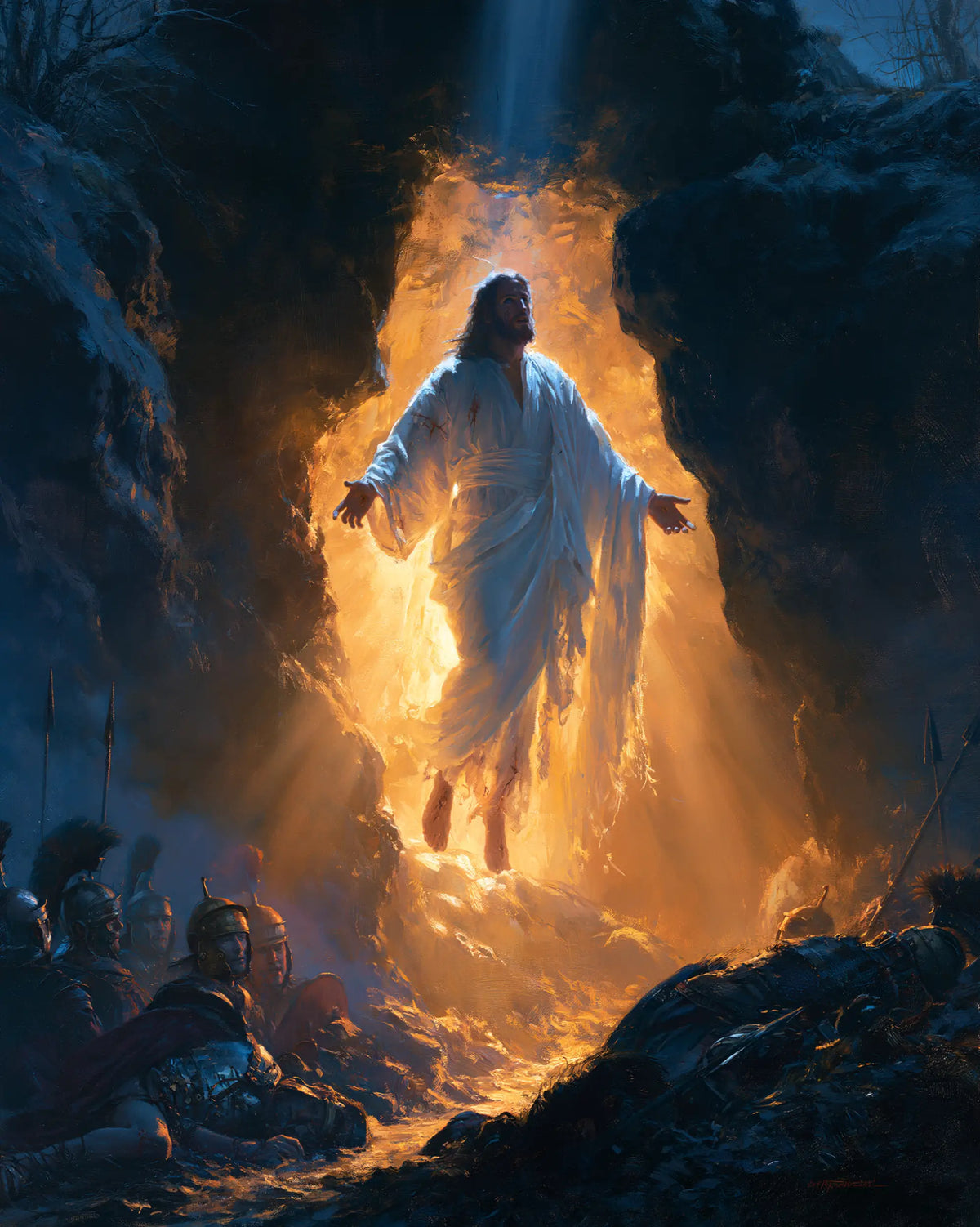 Resurrection of Jesus Christ in Midnight-blue Chiaroscuro style, portrait Christian artwork no. 20