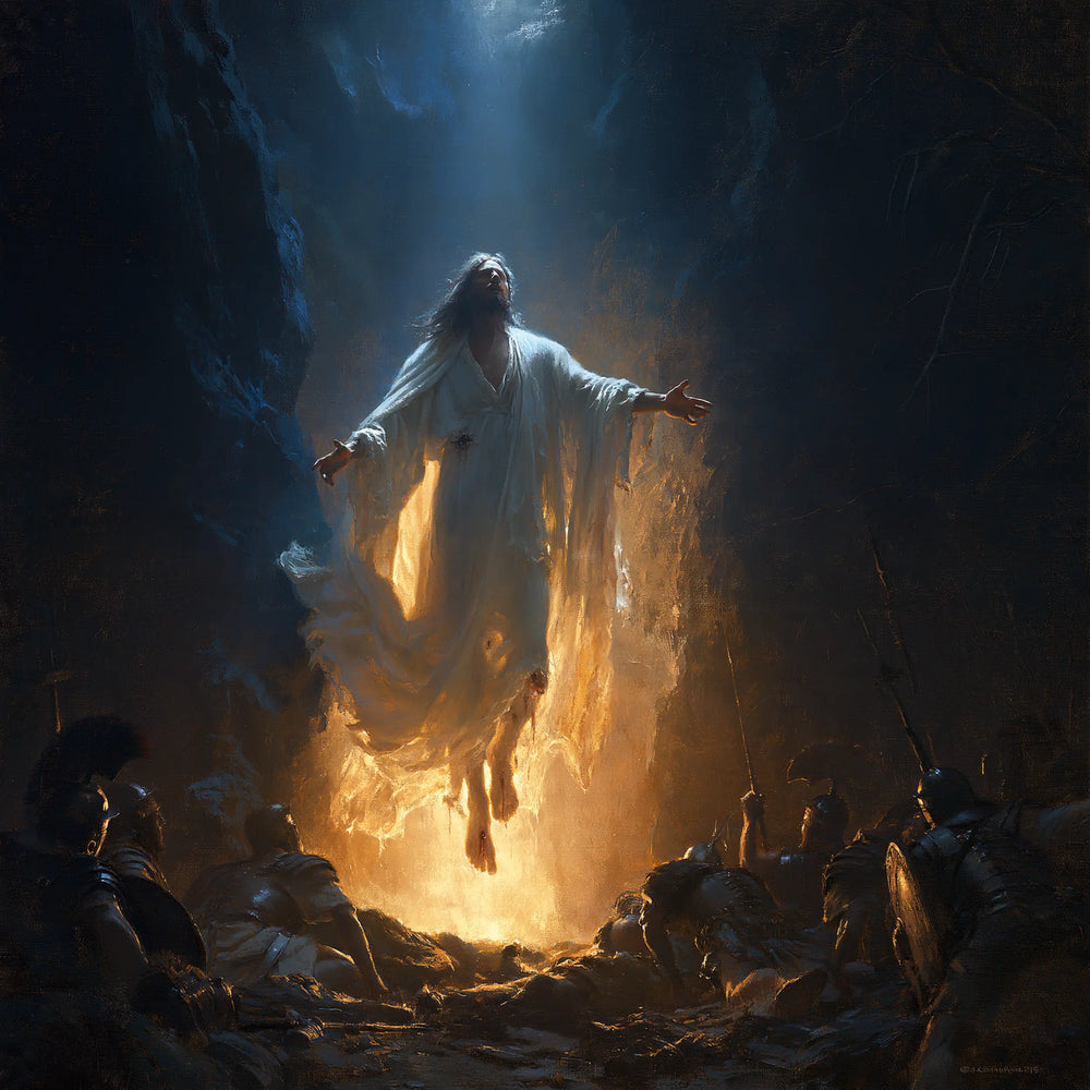 Resurrection of Jesus Christ in Midnight-blue Chiaroscuro style, square Christian artwork no. 1