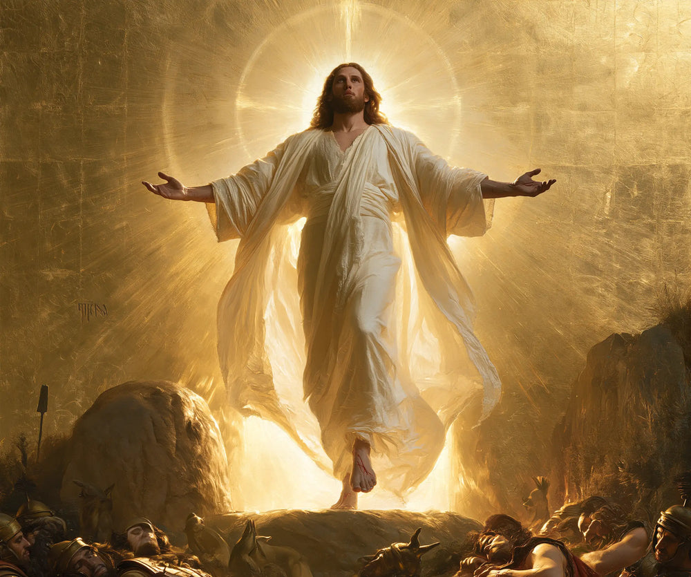 Resurrection of Jesus Christ in Sacred Gold style, landscape Christian artwork no. 1
