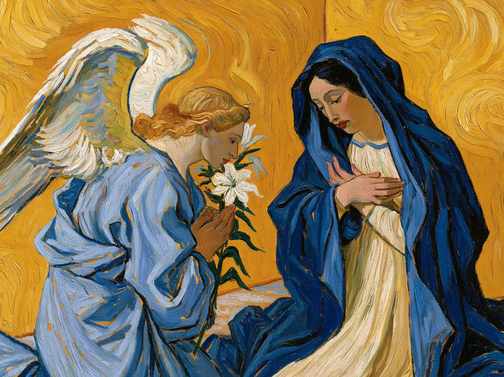 Reverent Annunciation amid Golden Swirls – Post-Impressionist Art · Landscape