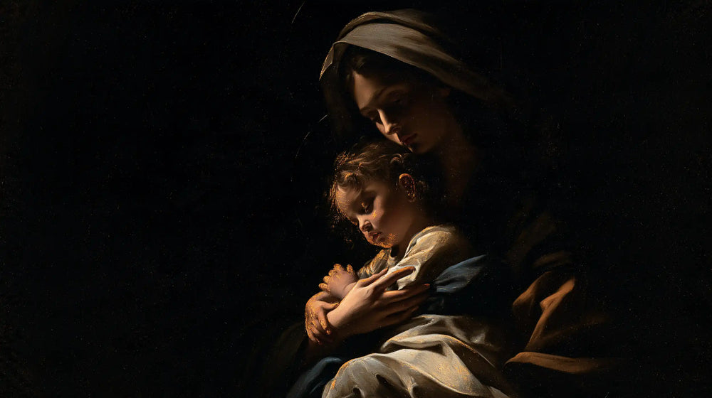 the Virgin Mary holding the Child Jesus in Black and Gold style, landscape Christian artwork no. 11