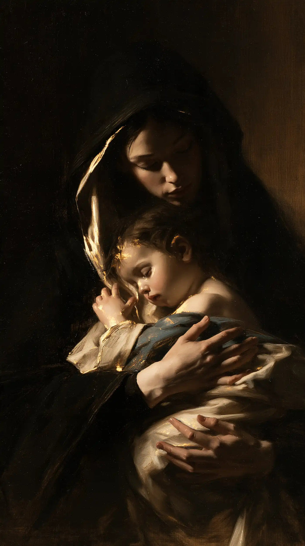 the Virgin Mary holding the Child Jesus in Black and Gold style, portrait Christian artwork no. 18