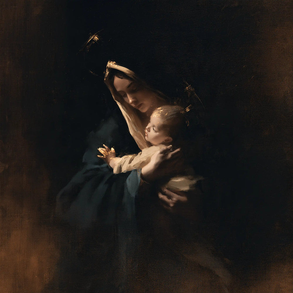 the Virgin Mary holding the Child Jesus in Black and Gold style, square Christian artwork no. 1