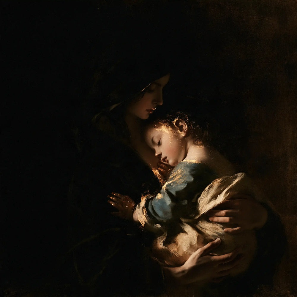 the Virgin Mary holding the Child Jesus in Black and Gold style, square Christian artwork no. 6