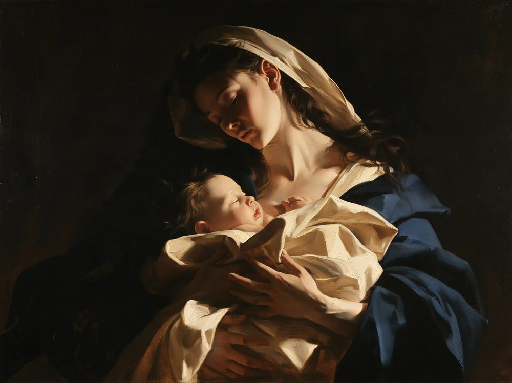 the Virgin Mary holding the Child Jesus in Caravaggio Tenebrism style, landscape Christian artwork no. 3
