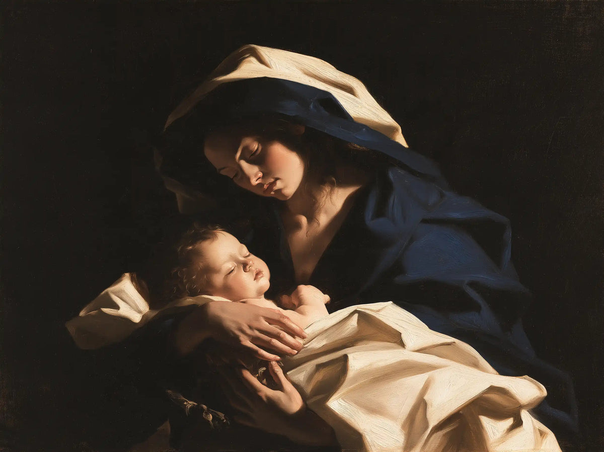 the Virgin Mary holding the Child Jesus in Caravaggio Tenebrism style, landscape Christian artwork no. 9