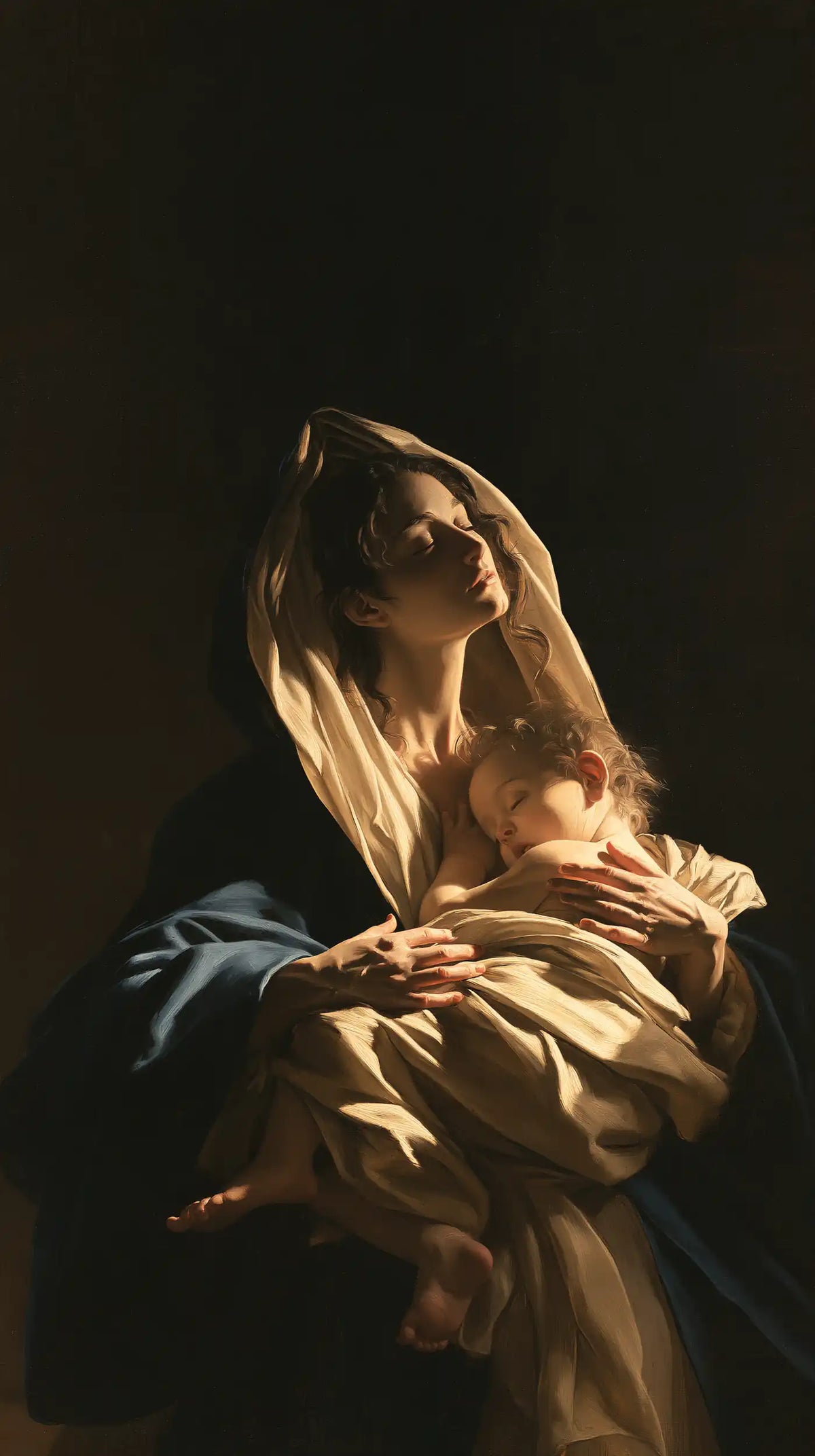 the Virgin Mary holding the Child Jesus in Caravaggio Tenebrism style, portrait Christian artwork no. 2
