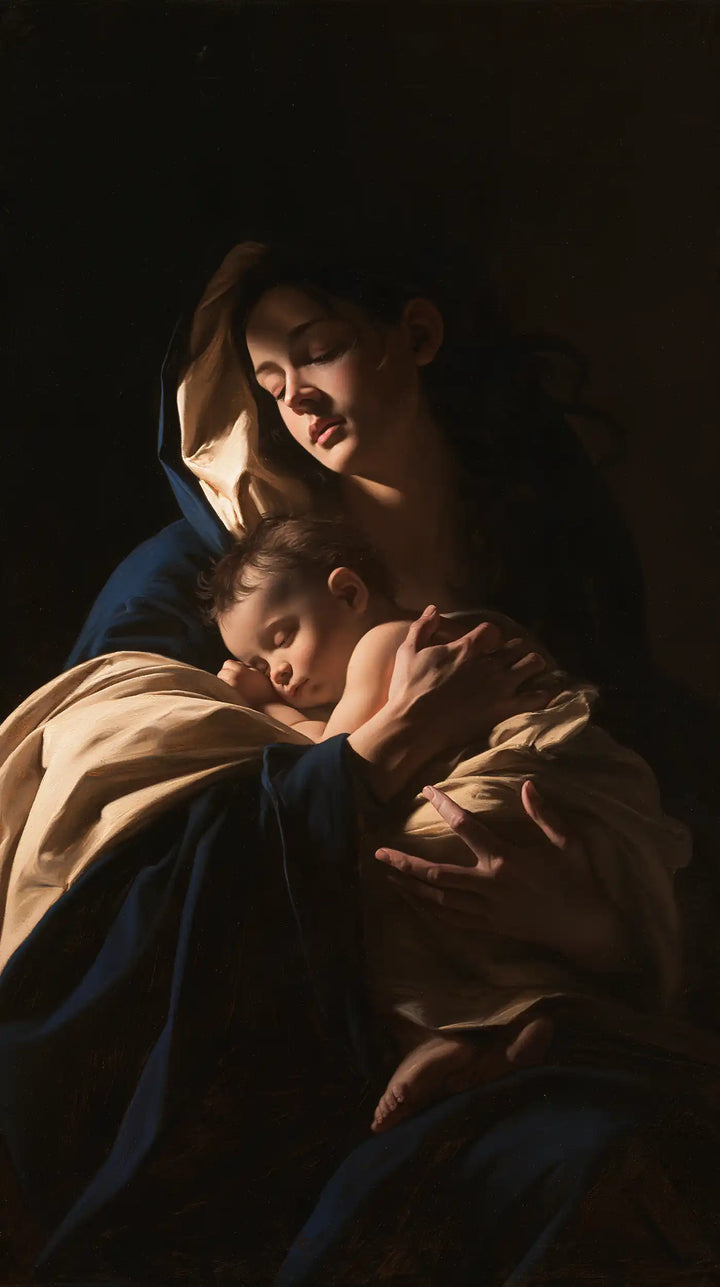 Virgin Mary and Child Jesus - Caravaggio Tenebrism · Portrait n° 8