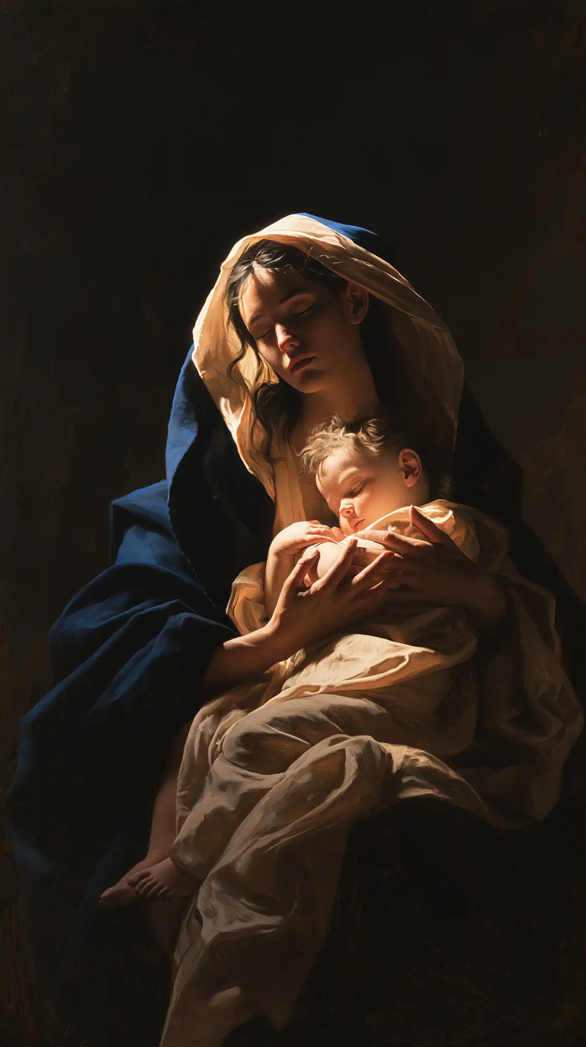 the Virgin Mary holding the Child Jesus in Caravaggio Tenebrism style, portrait Christian artwork no. 9