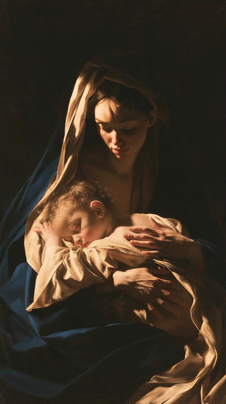 Virgin Mary and Child Jesus - Caravaggio Tenebrism · Portrait n° 10