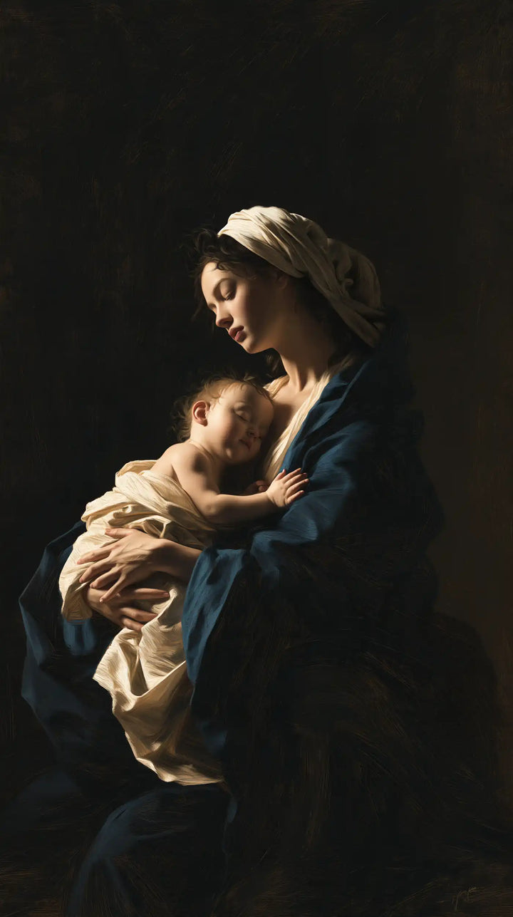 Virgin Mary and Child Jesus - Caravaggio Tenebrism · Portrait n° 14