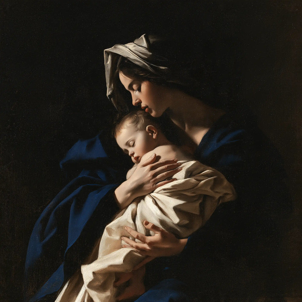 the Virgin Mary holding the Child Jesus in Caravaggio Tenebrism style, square Christian artwork no. 2