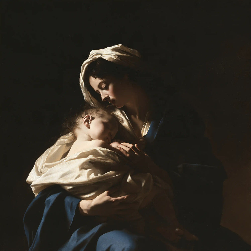 the Virgin Mary holding the Child Jesus in Caravaggio Tenebrism style, square Christian artwork no. 5