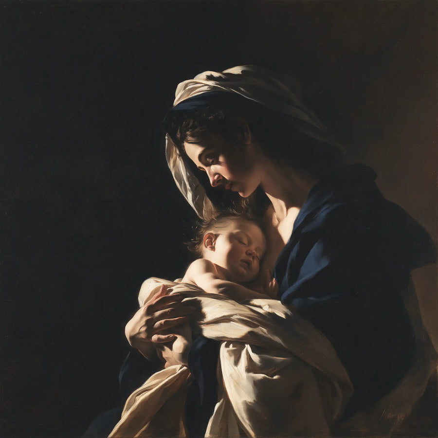Virgin Mary and Child Jesus - Caravaggio Tenebrism · Square n° 6