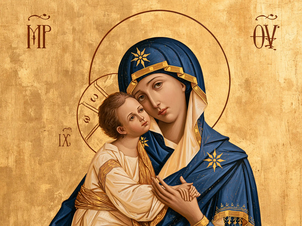 the Virgin Mary and the Child Jesus in Contemporary Byzantine style, landscape Christian artwork no. 1