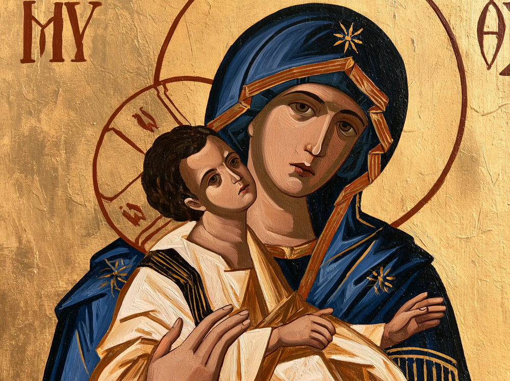 the Virgin Mary and the Child Jesus in Contemporary Byzantine style, landscape Christian artwork no. 2