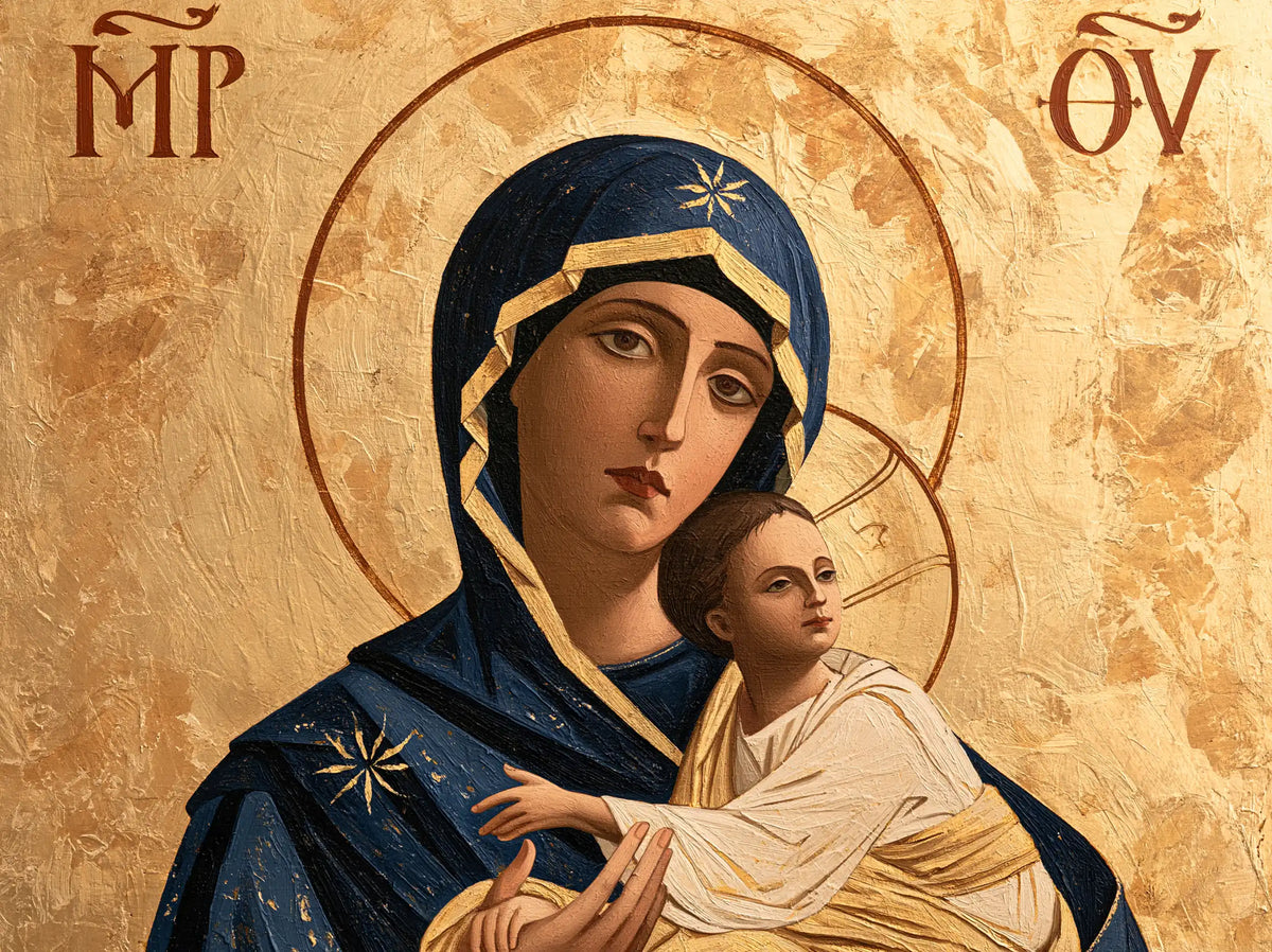 the Virgin Mary and the Child Jesus in Contemporary Byzantine style, landscape Christian artwork no. 8