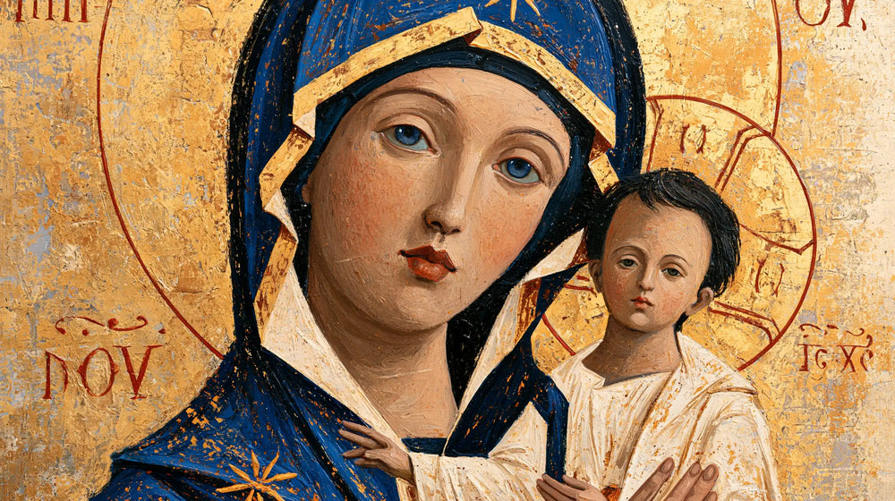 the Virgin Mary and the Child Jesus in Contemporary Byzantine style, landscape Christian artwork no. 10