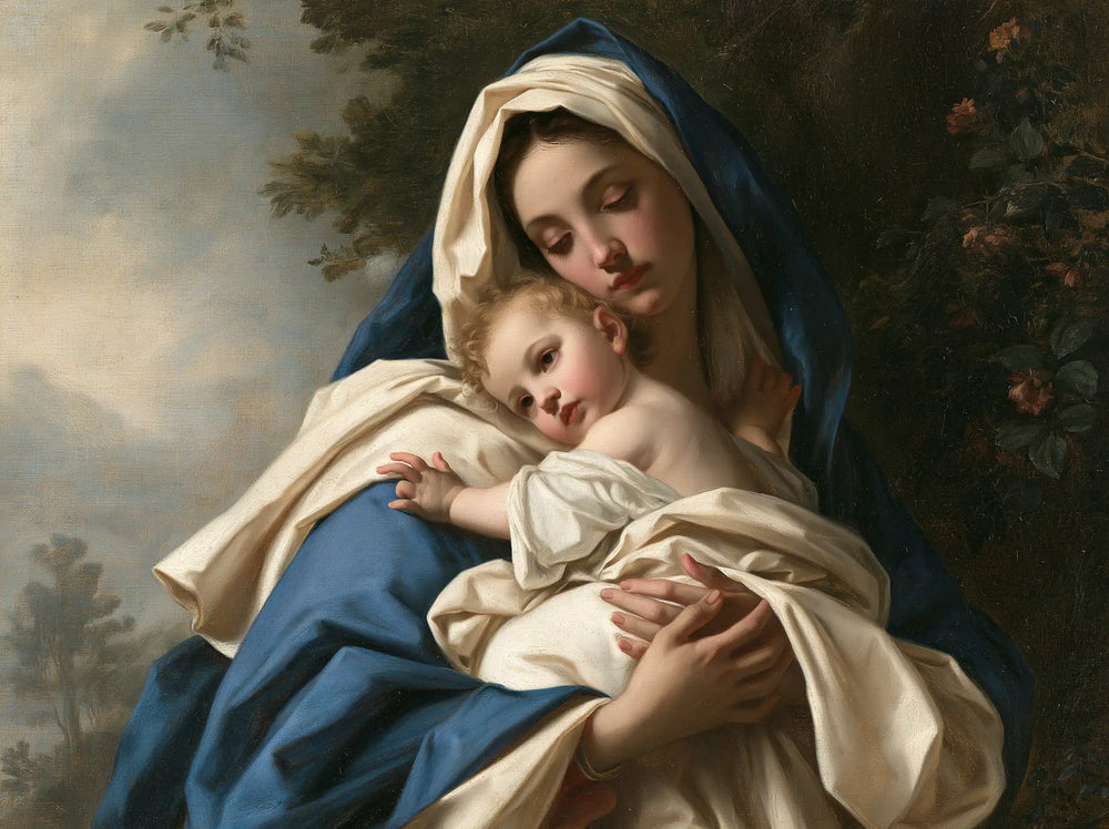 the Virgin Mary with the Child Jesus in Florentine Renaissance style, landscape Christian artwork no. 10