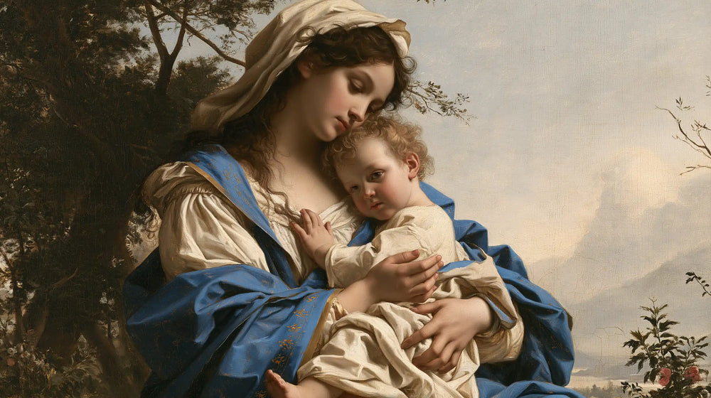 the Virgin Mary with the Child Jesus in Florentine Renaissance style, landscape Christian artwork no. 14