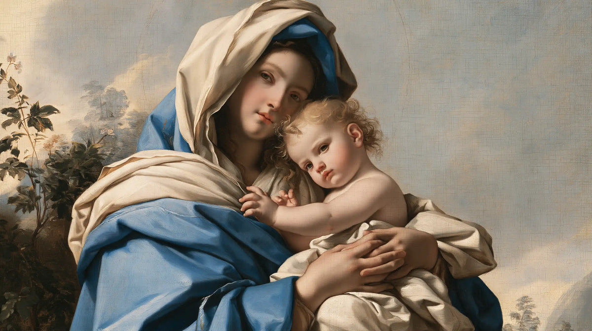 the Virgin Mary with the Child Jesus in Florentine Renaissance style, landscape Christian artwork no. 21