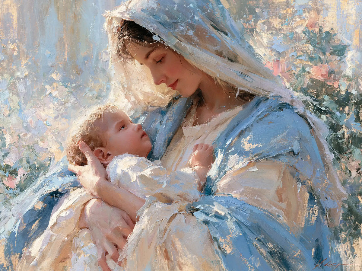 the Virgin Mary and the Child Jesus together in Impressionist style, landscape Christian artwork no. 9