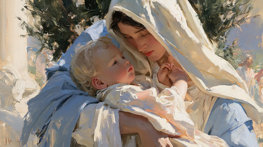the Virgin Mary and the Child Jesus together in Impressionist style, landscape Christian artwork no. 12
