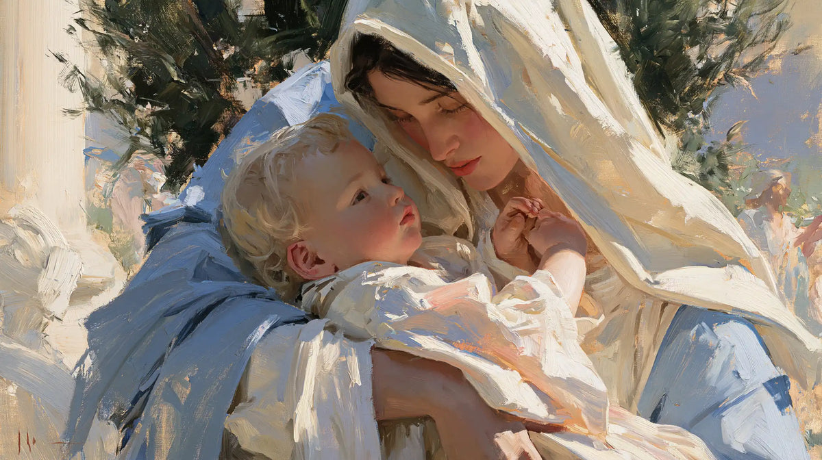 the Virgin Mary and the Child Jesus together in Impressionist style, landscape Christian artwork no. 12
