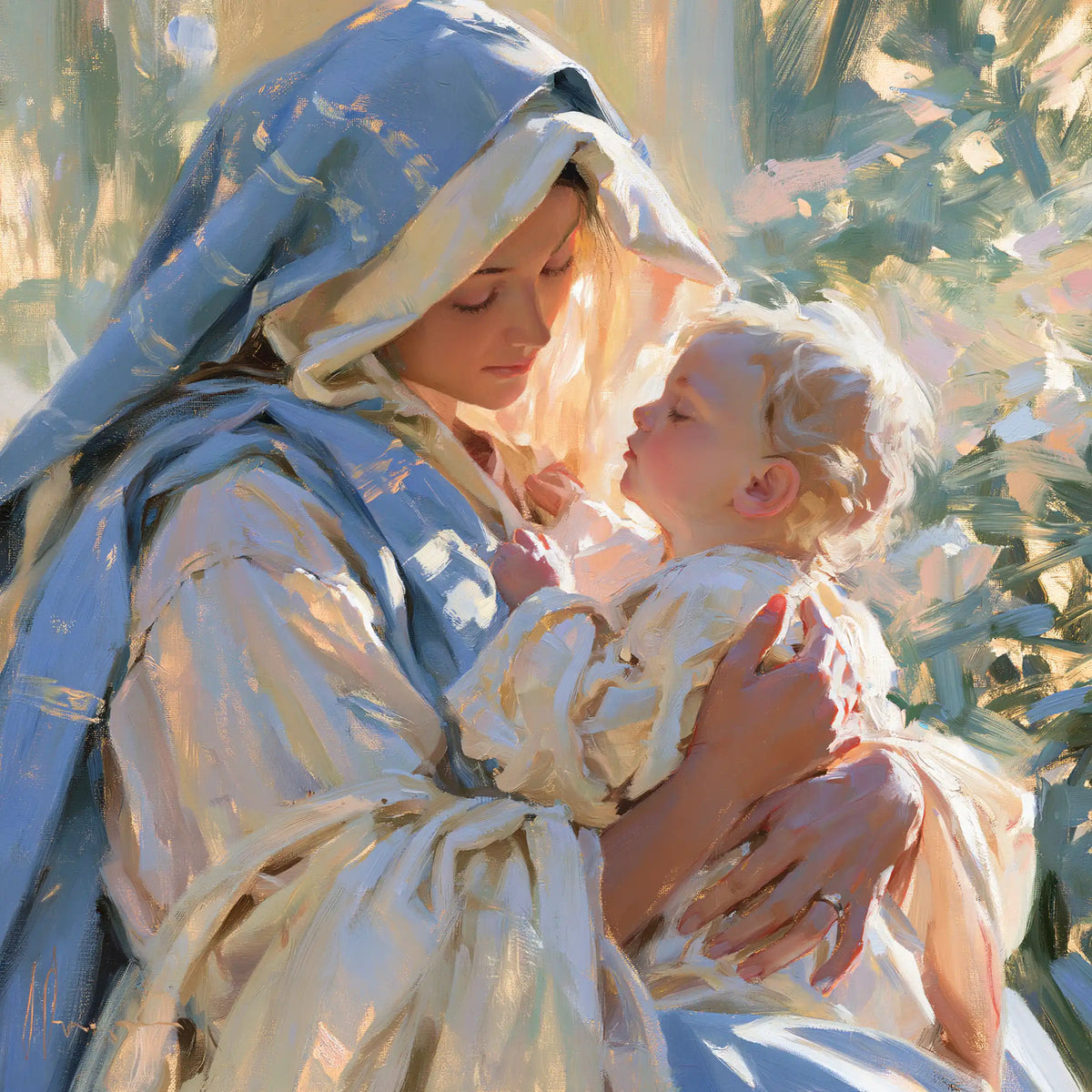 the Virgin Mary and the Child Jesus together in Impressionist style, square Christian artwork no. 5