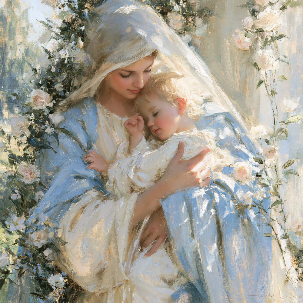 the Virgin Mary and the Child Jesus together in Impressionist style, square Christian artwork no. 6