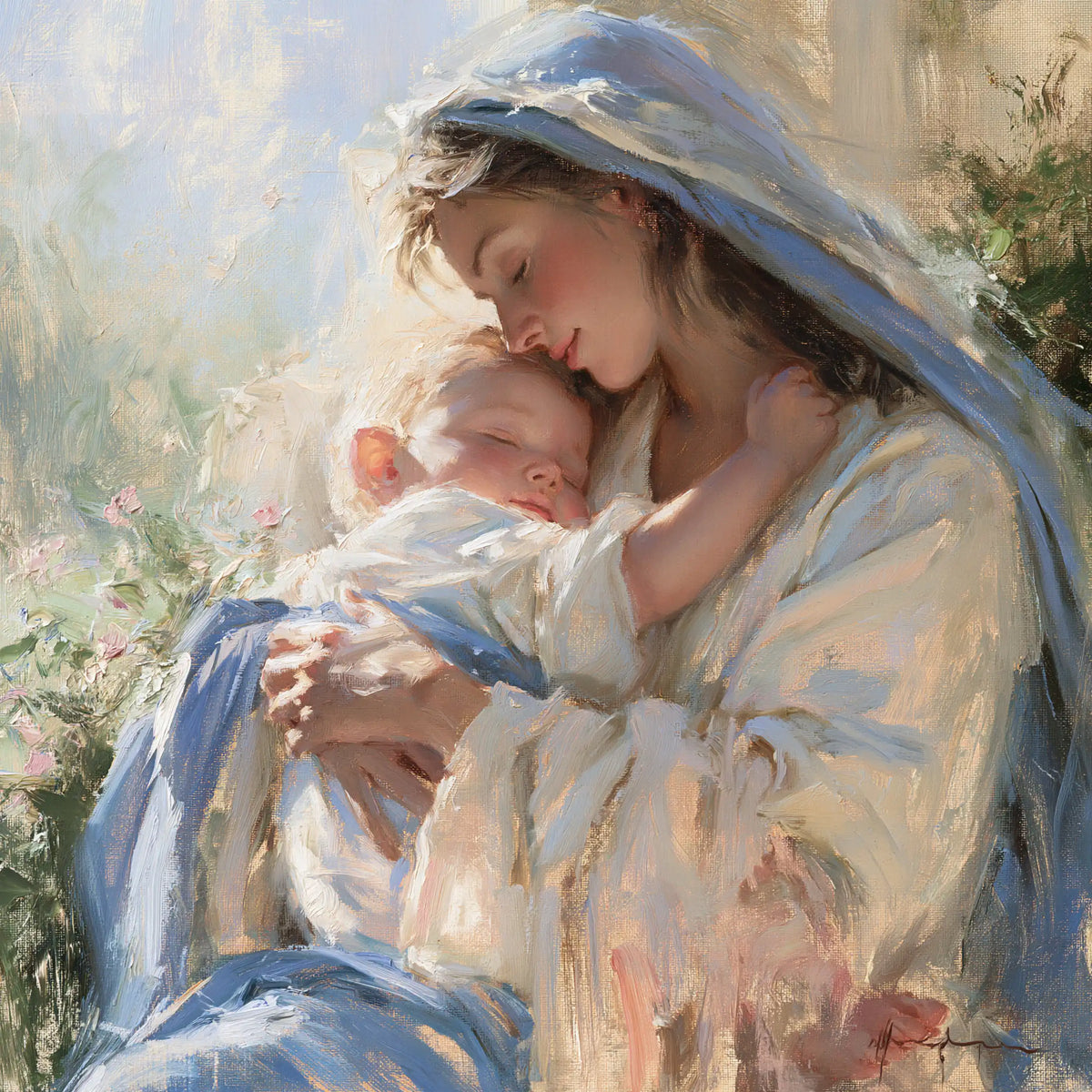the Virgin Mary and the Child Jesus together in Impressionist style, square Christian artwork no. 7