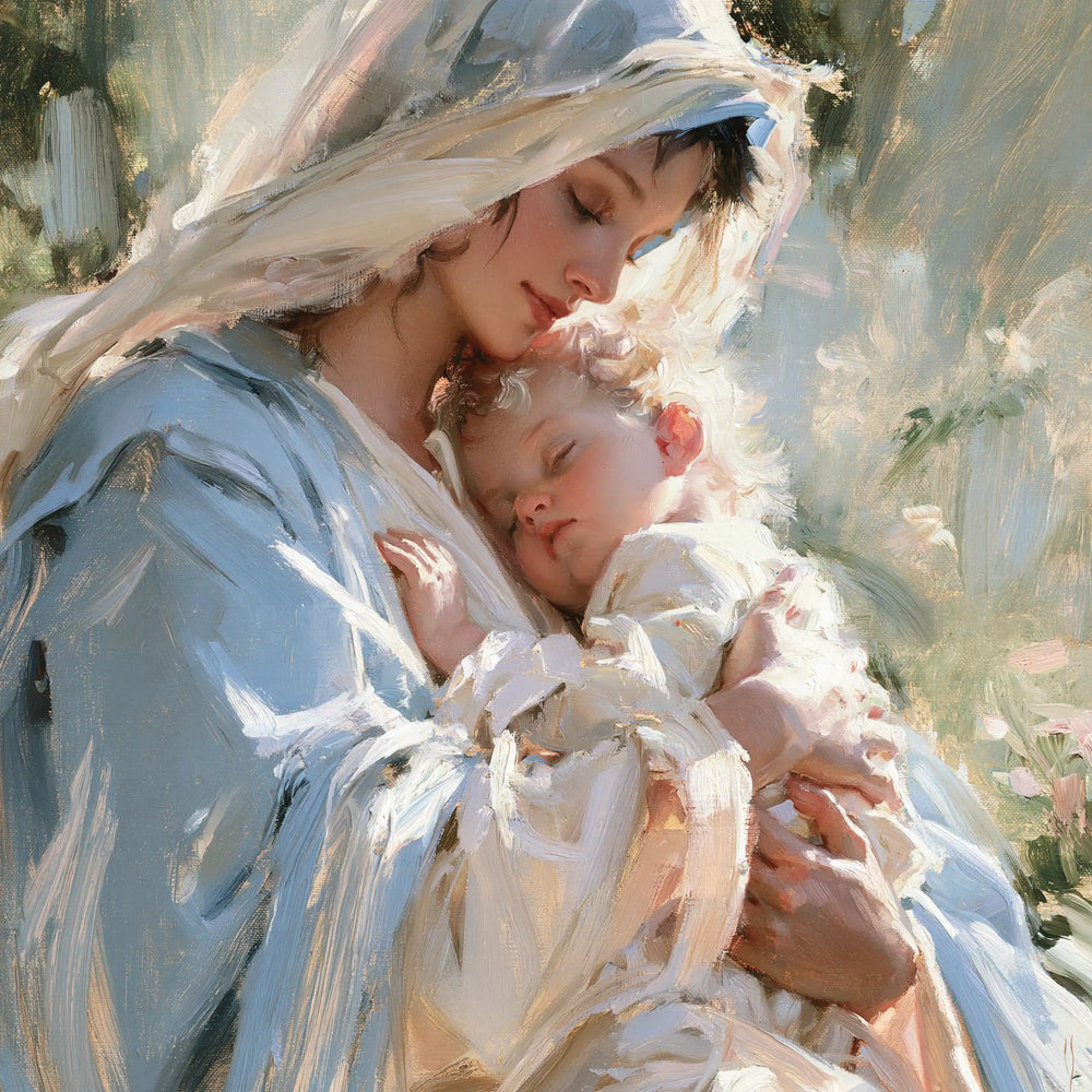 the Virgin Mary and the Child Jesus together in Impressionist style, square Christian artwork no. 8