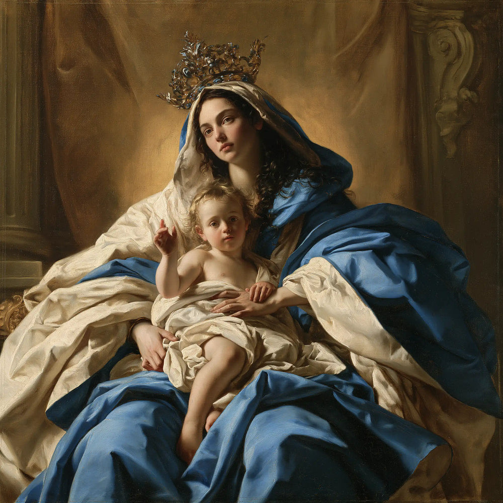 the majestic Virgin Mary with the Child Jesus in Majestic Virgin and Child style, square Christian artwork no. 7