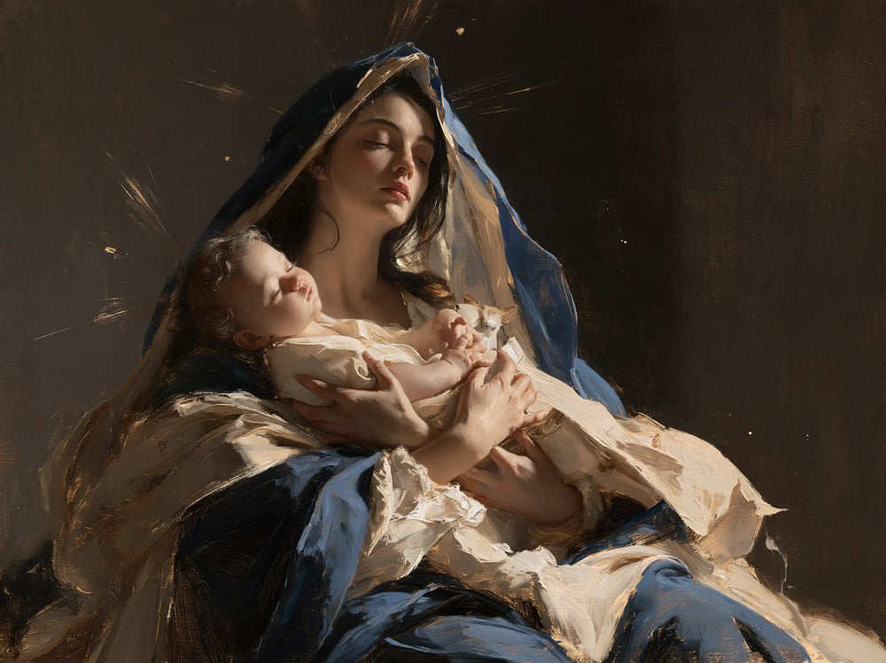 the Virgin Mary presenting the Child Jesus in Mary Presenting the Child Jesus style, landscape Christian artwork no. 2