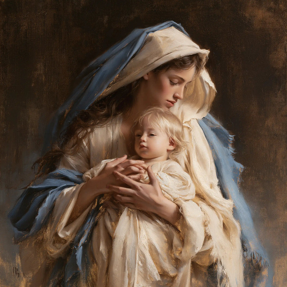 the Virgin Mary presenting the Child Jesus in Mary Presenting the Child Jesus style, square Christian artwork no. 8