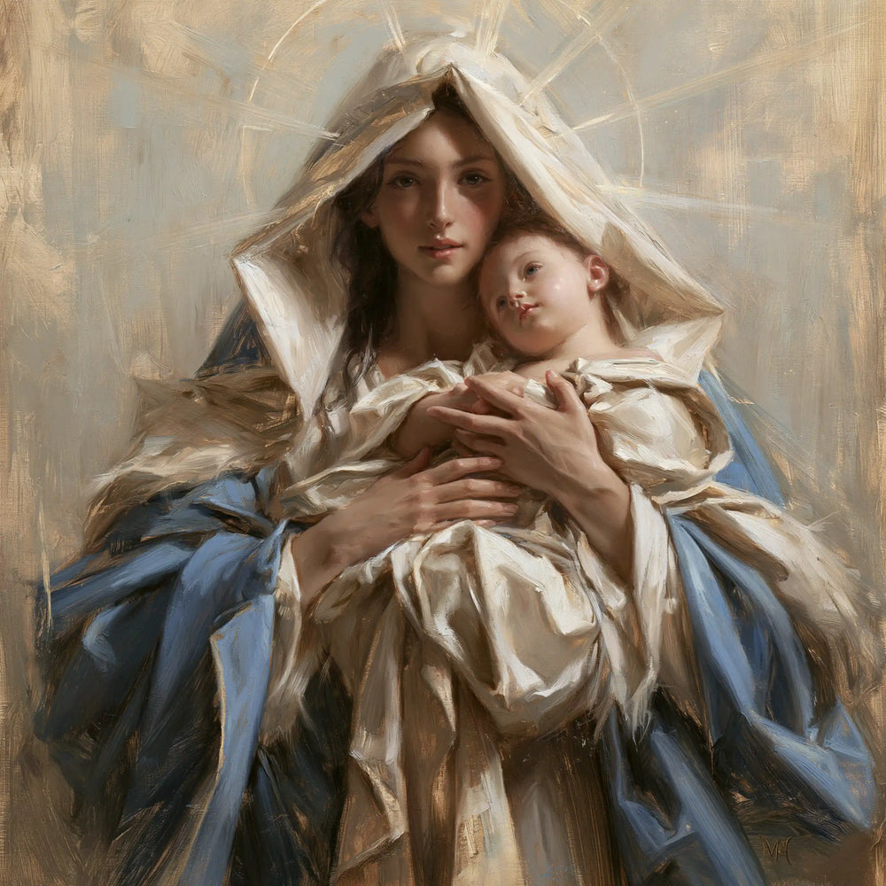 the Virgin Mary presenting the Child Jesus in Mary Presenting the Child Jesus style, square Christian artwork no. 9