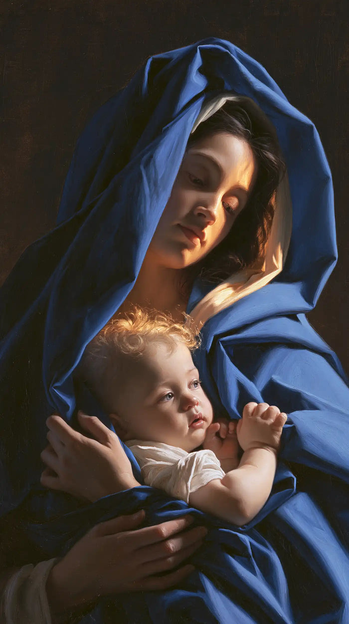 The Virgin and Child — Little Hands Joined Beneath Royal Blue
