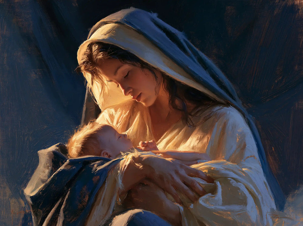 the Virgin Mary and the Child Jesus in Midnight Blue Chiaroscuro style, landscape Christian artwork no. 1