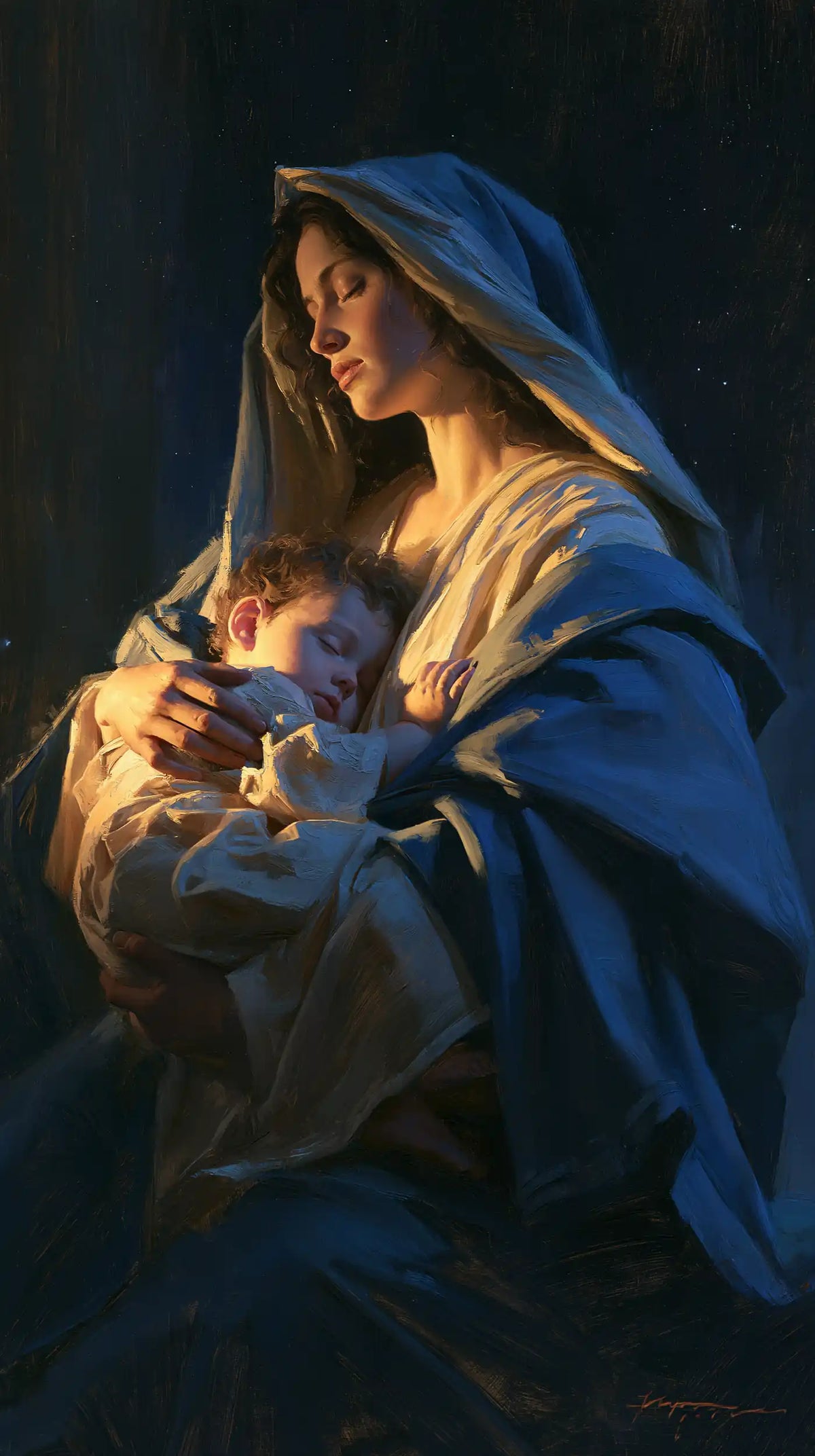the Virgin Mary and the Child Jesus in Midnight Blue Chiaroscuro style, portrait Christian artwork no. 2