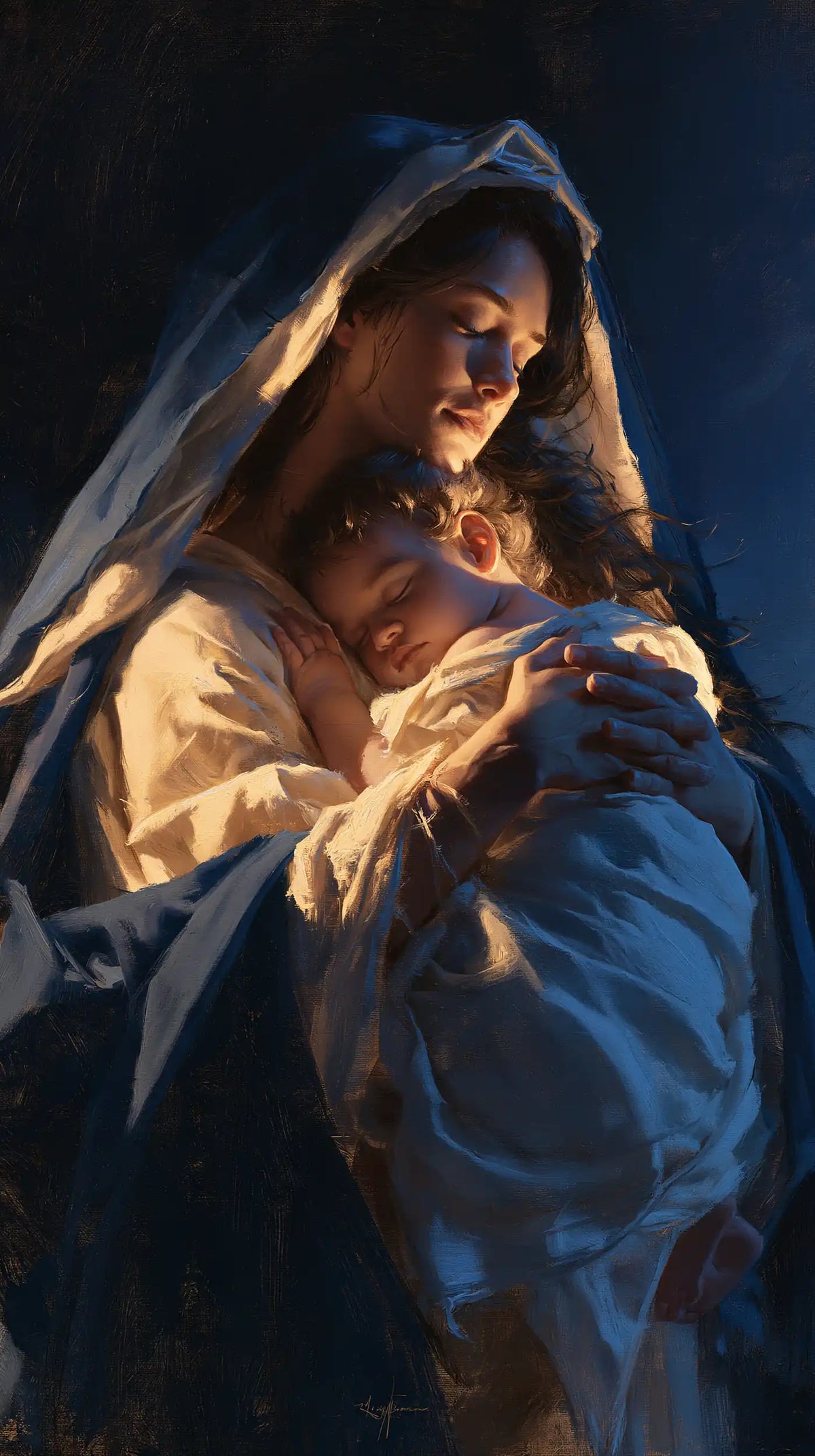 the Virgin Mary and the Child Jesus in Midnight Blue Chiaroscuro style, portrait Christian artwork no. 9