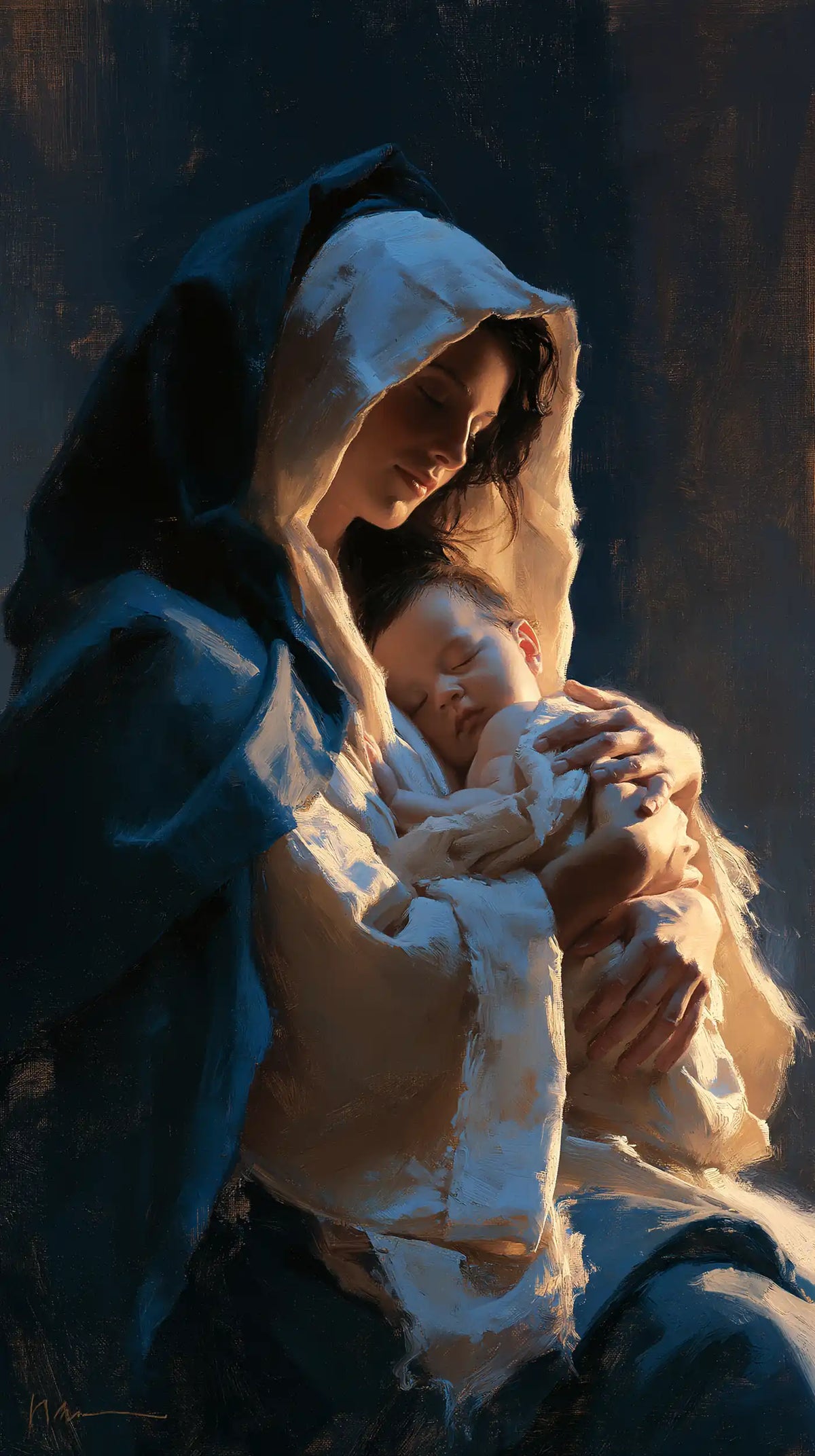 the Virgin Mary and the Child Jesus in Midnight Blue Chiaroscuro style, portrait Christian artwork no. 11