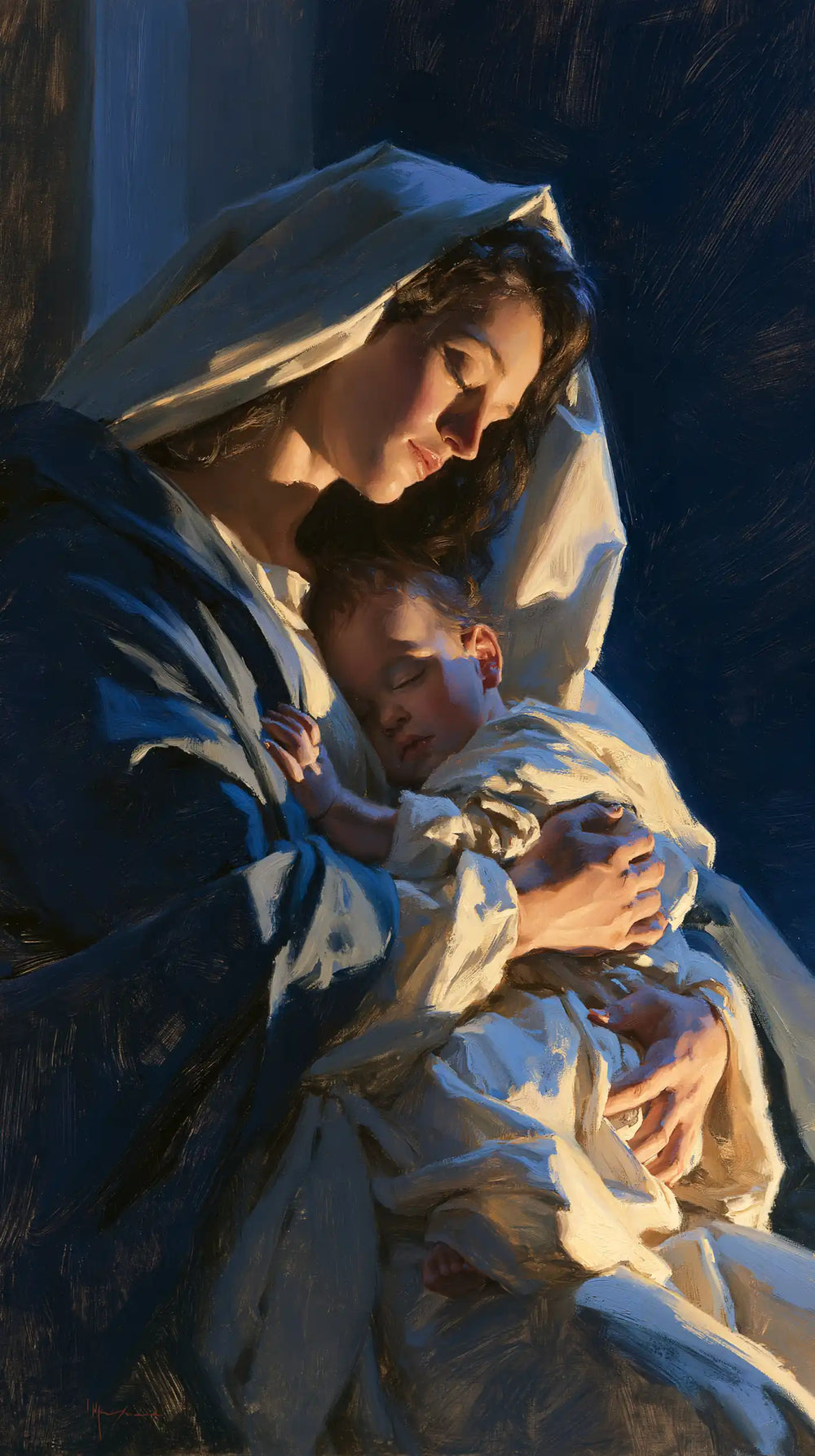 the Virgin Mary and the Child Jesus in Midnight Blue Chiaroscuro style, portrait Christian artwork no. 13