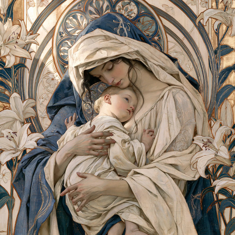 the Virgin Mary with the Child Jesus in Sacred Art Nouveau style, square Christian artwork no. 2