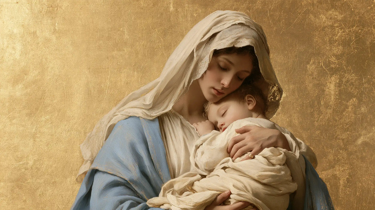 the Virgin Mary with the Child Jesus in Sacred Gold style, landscape Christian artwork no. 14