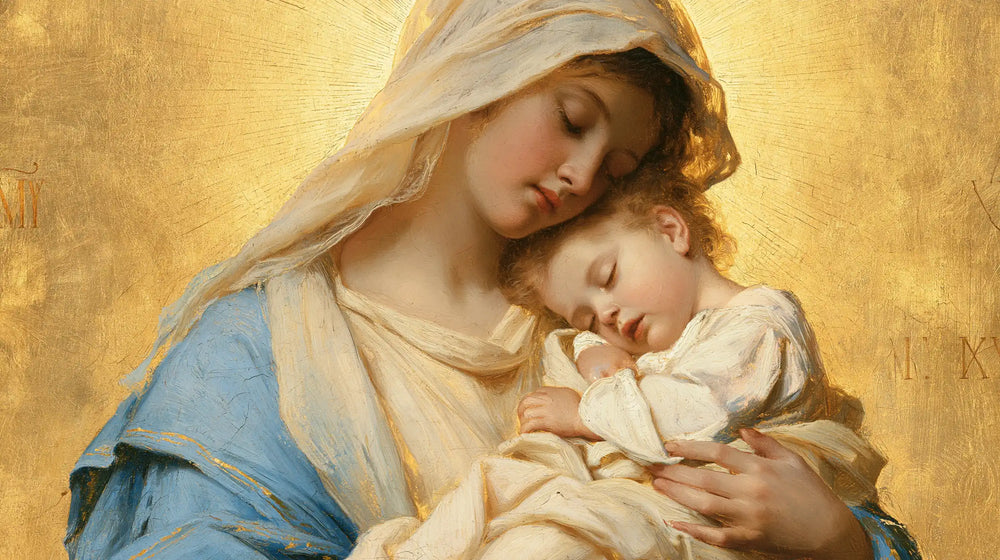the Virgin Mary with the Child Jesus in Sacred Gold style, landscape Christian artwork no. 16