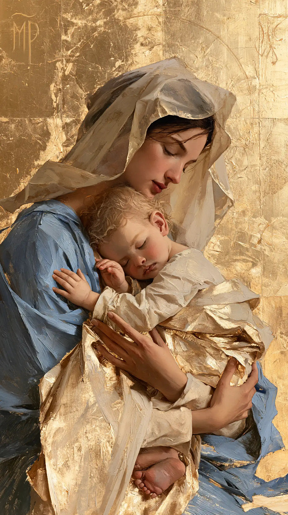 the Virgin Mary with the Child Jesus in Sacred Gold style, portrait Christian artwork no. 14