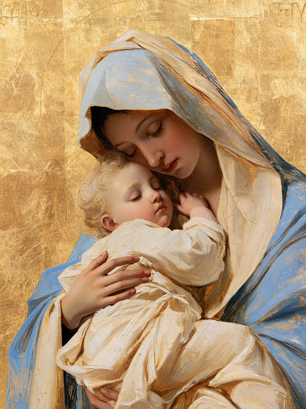 the Virgin Mary with the Child Jesus in Sacred Gold style, portrait Christian artwork no. 24